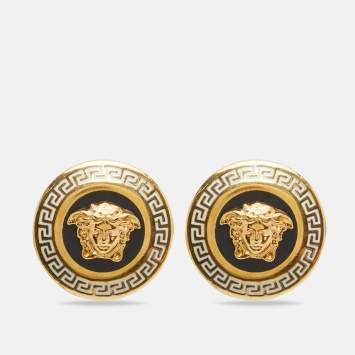 Pre Owned Versace Medusa Enamel Gold Tone Earrings