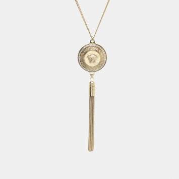 Pre Owned Versace Vanitas Gold Tone Metal Medusa Medallion Fringe Tassel Necklace