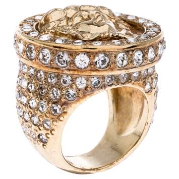 Pre Owned Versace Gold Tone and Crystal Studded Medusa Ring Size 54