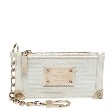 Pre Owned Versace White Quilted Leather Coin Purse and Key Charm