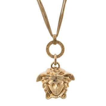 Pre Owned Versace Gold Tone Triple Chain Medusa Pendant Necklace