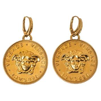 Pre Owned Versace Medusa Coin Gold Tone Drop Earring 