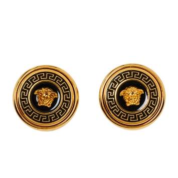 Pre Owned Versace Medusa Black Enamel Gold Tone Round Stud Earrings