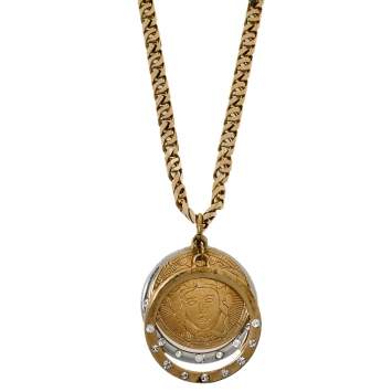 Pre Owned Versace Gold Tone Crystal Triple Halo Medusa Pendant Necklace