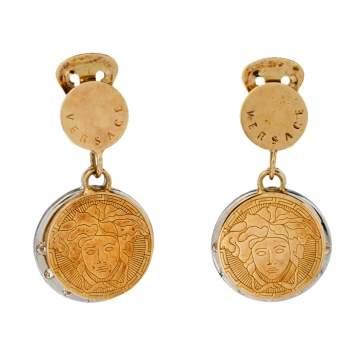 Pre Owned Versace Two Tone Crystal Halo Medusa Drop Clip On Earrings