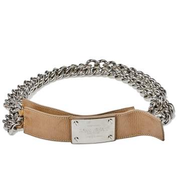 Pre Owned Versace Beige Patent Leather and Chain Logo Plaque Belt 85CM