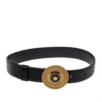 Pre Owned Versace Black Leather Medusa Belt 75CM