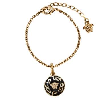 Pre Owned Versace Black Medusa Charm Gold Tone Chain Bracelet