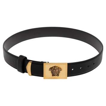Pre Owned Versace Black Leather Medusa Square Buckle Belt 95CM