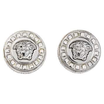 Pre Owned Versace Medusa Crystal Silver Tone Stud Earrings