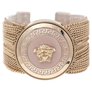 Pre Owned Versace Pink Enamel Medusa Icon Gold Tone Multi Strand Vanitas Bracelet