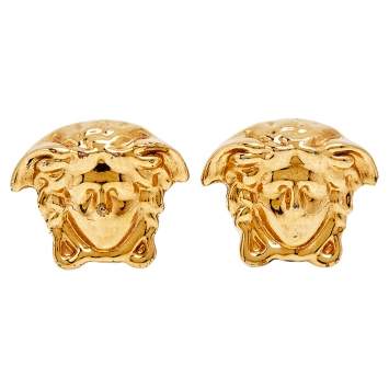 Pre Owned Versace Gold Tone Medusa Head Stud Earrings