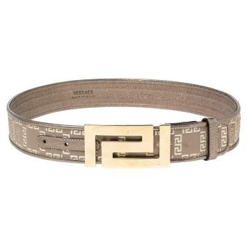 Pre Owned Versace Metallic Grey Signature Fabric and Leather Trim Greca Buckle Belt 80CM