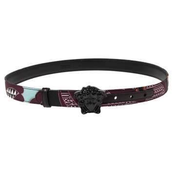 Pre Owned Versace Multicolor Printed Nylon Medusa Buckle Belt 95 CM