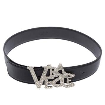 Pre Owned Versace Black Leather Crystal Embellished Logo Buckle Belt 75CM