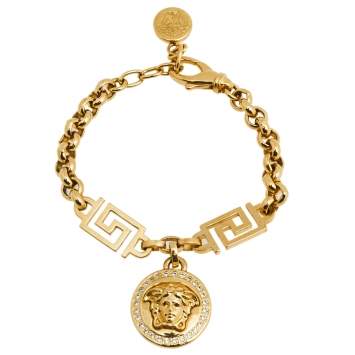 Pre Owned Versace Gold Tone Crystal Medusa Charm Bracelet 