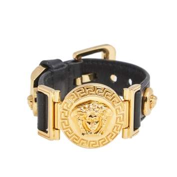 Pre Owned Versace Black Leather Gold Tone Medusa Icon Bracelet