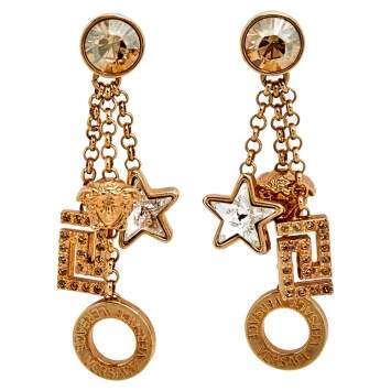 Pre Owned Versace Gold Tone Crystal Star & Medusa Drop Earrings