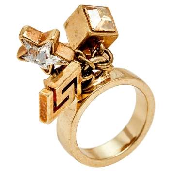 Pre Owned Versace Gold Tone Star & Medusa Charms Ring Size EU 57