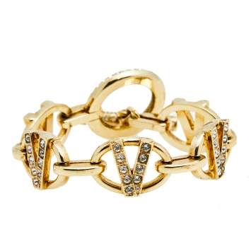 Pre Owned Versace V Gold Tone Metal and Crystal Bracelet