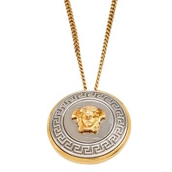 Pre Owned Versace Two Tone Metal Medusa Pendant Necklace