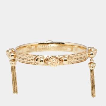 Pre Owned Versace Gold Tone Medusa Tassel Charm Bangle Bracelet