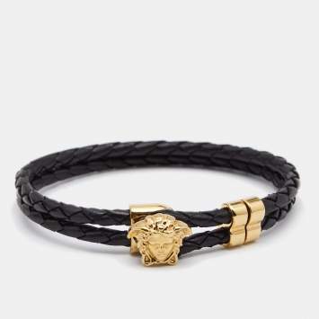 Pre Owned Versace Medusa Black Leather Gold Tone Metal Bracelet