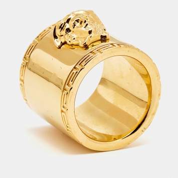 Pre Owned Versace Medusa Greek Key Gold Tone Metal Wide Band Ring Size 55