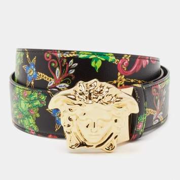 Pre Owned Versace Multicolor Printed Leather Medusa Buckle Belt 100CM