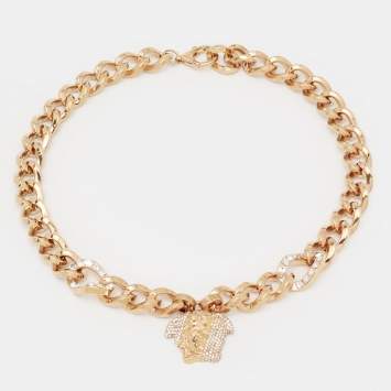 Pre Owned Versace Palazzo Medusa Crystals Gold Tone Necklace