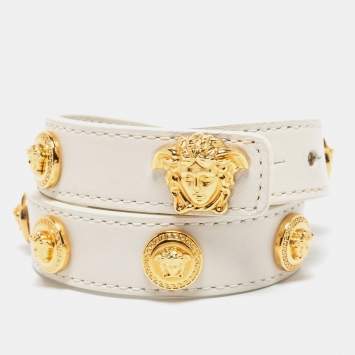 Pre Owned Versace Icon Medusa Stud Gold Tone White Leather Wrap Bracelet