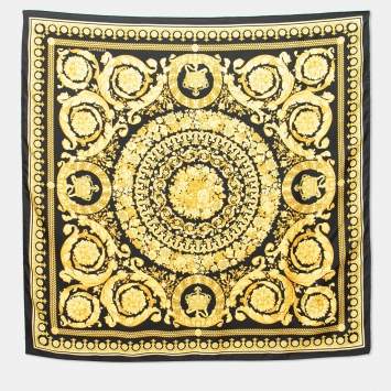 Pre Owned Versace Black Baroque Print Silk Scarf