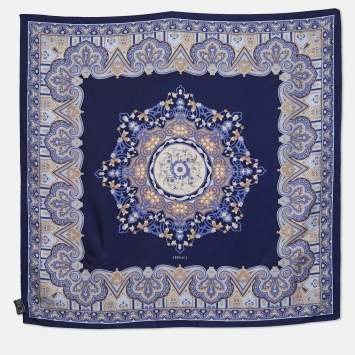 Pre Owned Versace Navy Blue Printed Silk Square Scarf