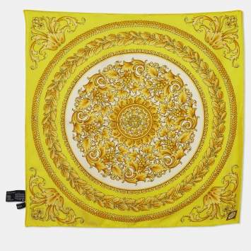 Pre Owned Versace Yellow Barocco Print Silk Square Scarf