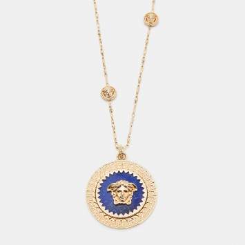 Pre Owned Versace Icon Medusa Lapis Lazuli Gold Tone Pendant Necklace