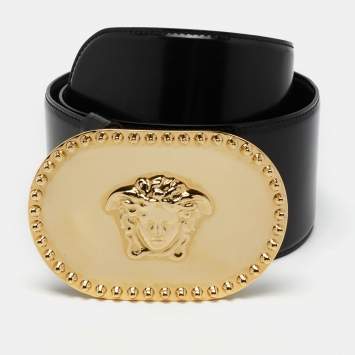 Pre Owned Versace Black Leather Medusa Belt 80 CM