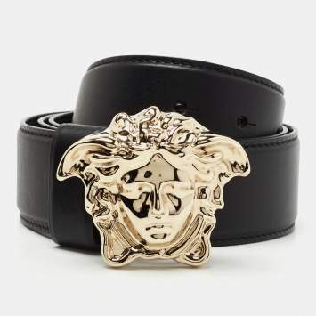 Pre Owned Versace Black Leather Medusa Buckle Belt 90 CM
