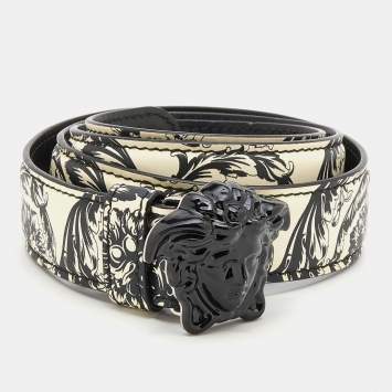 Pre Owned Versace Black/White Baroque Print Leather Medusa Waist Belt 80 CM