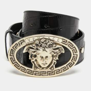 Pre Owned Versace Black Croc Embossed Leather Medusa Wait Buckle Belt 80CM