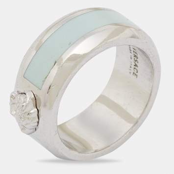 Pre Owned Versace Silver Tone Blue Enamel Medussa Head Band Ring EU 57
