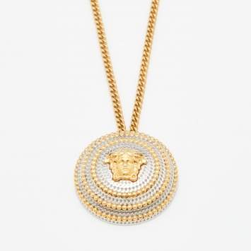 Pre Owned Versace Two Tone Medusa Medallion Pendant Gold Tone Chain Necklace
