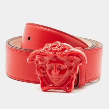 Pre Owned Versace Red Leather Medussa Head Belt 90CM