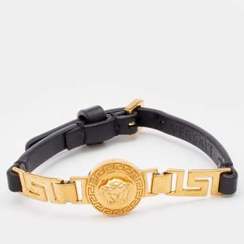 Pre Owned Versace Medusa Leather Gold Tone Bracelet