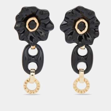 مملوكة مسبقًا Versace Black Floral Resin Gold Tone Dangle Clip On Earrings