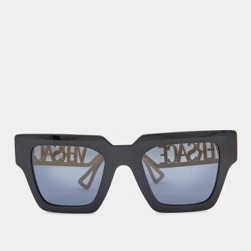 Pre Owned Versace Black/Grey 4431 Logo Metal Temple Detail Square Sunglasses