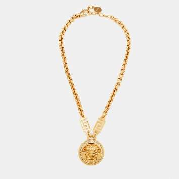 Pre Owned Versace Gold Tone Crystal La Medusa Greca Chain Necklace