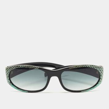 Pre Owned Versace Black/Green Watersnake Leather Rectangular Gradient Sunglasses