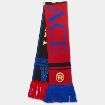 Pre Owned Versace Multicolor Logo Embroidered Wool Knit Fringed Scarf