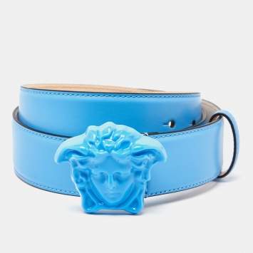 Pre Owned Versace Blue Leather Medusa Buckle Belt 95 CM