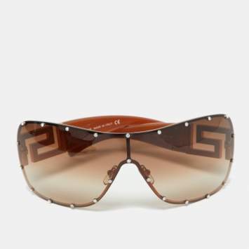 Pre Owned Versace Bronze Tone/Brown Gradient 2084-B Crystal Studded Shield Sunglasses